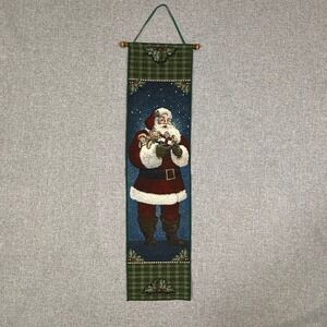 VTG American Weavers Santa Wall Hanging Decor Green Red Woven Tapestry 1998